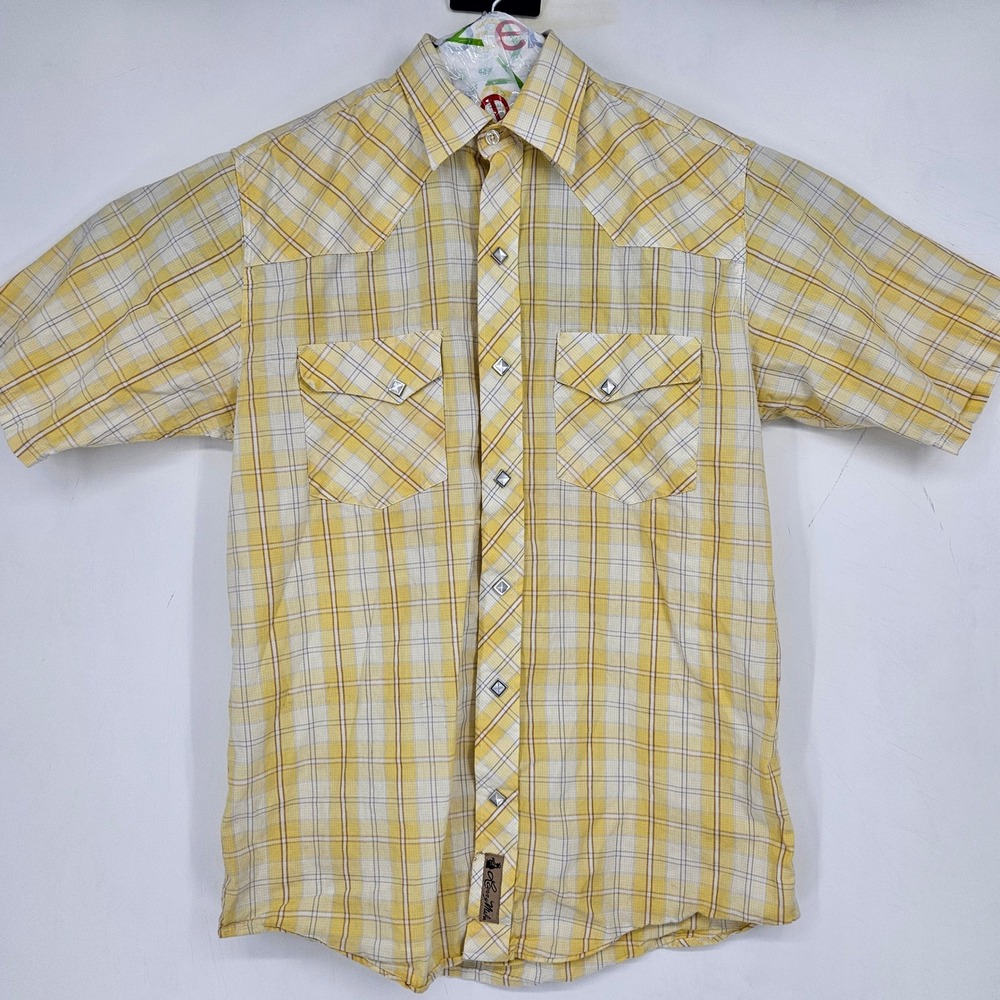 Larry Mahan Shirt Mens Small Pearl Snap Short Sleeve Western Yellow Plaid Rodeo